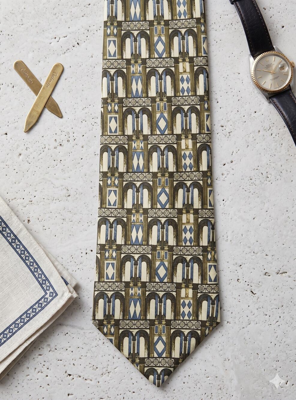 Structure Mens Necktie 100% Silk Brown Blue Beige